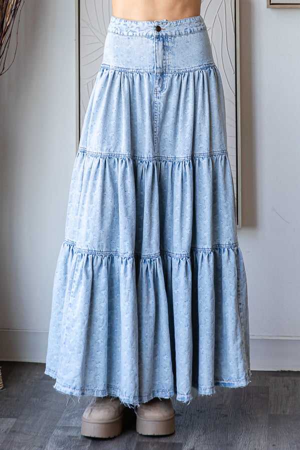 WASHED PRINTED MAXI TIERED SKIRT