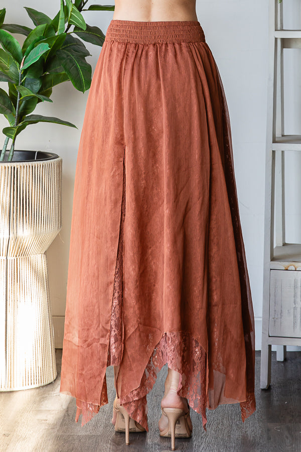 CHIFFON LACE MIXED OVERLAY A-LINE MIDI SKIRT