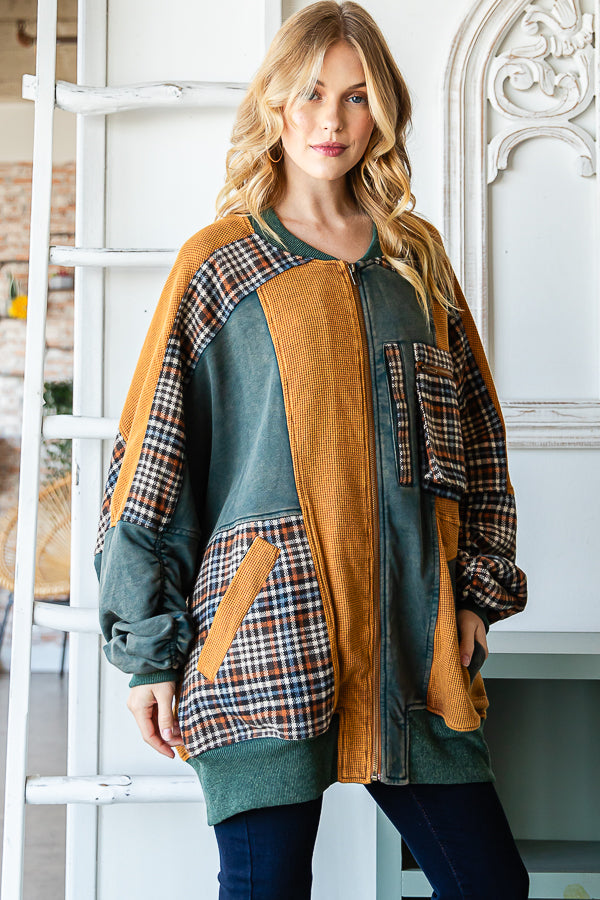 WASHED COLORBLOCK ZIP FRONT BOMBER TERRY JACKET