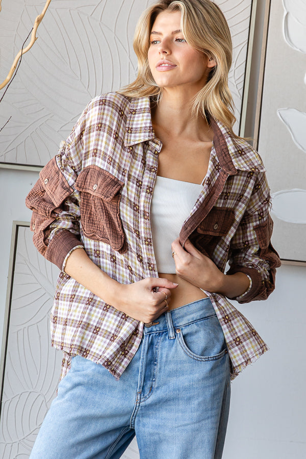 WASHED PLAID CONTRAST 3D POCKETS BUTTON DOWN SHIRT