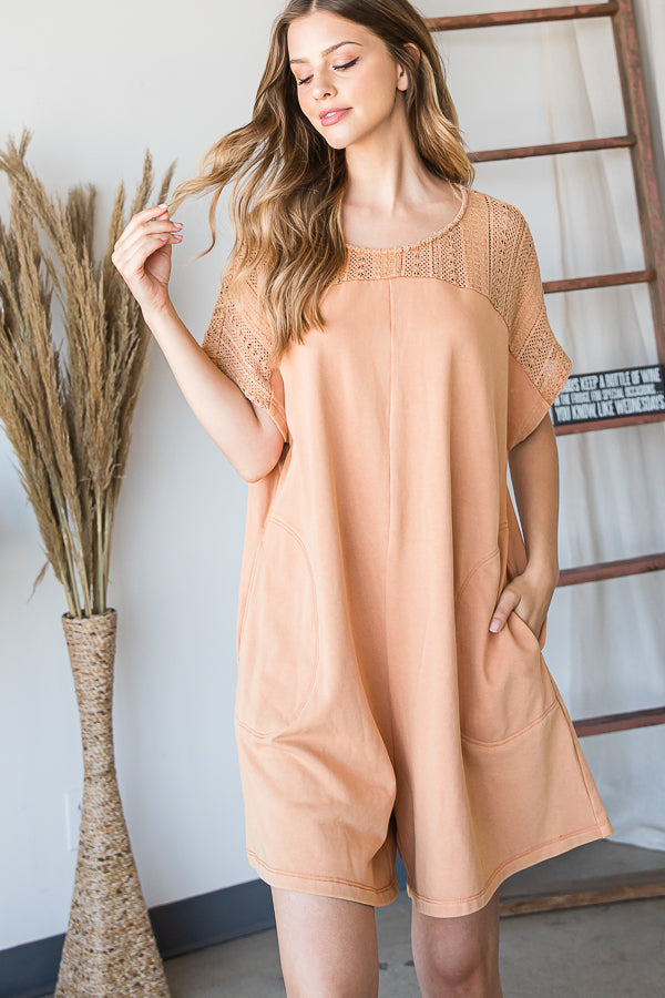 CROCHET YOKE DETAIL KEYHOLD BACK OVERSIZED ROMPER