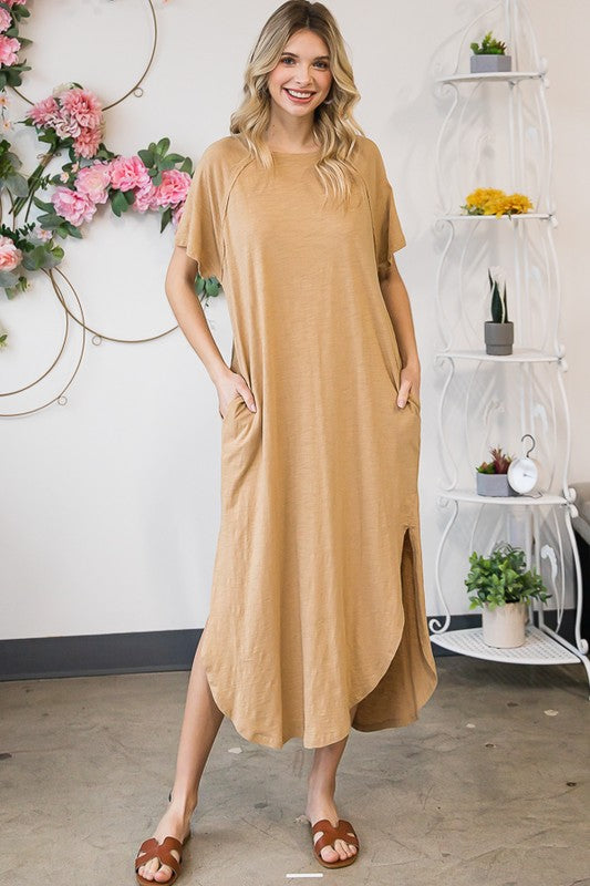 WASHED COTTON SHORT SLEEVE OVERSIZED MIDI DRESS