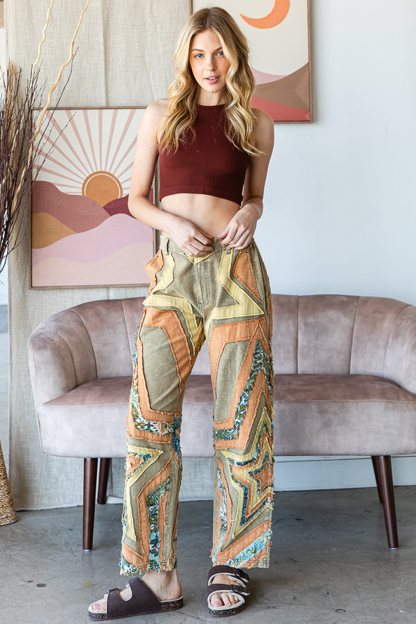 WASHED STAR PATCHWORK MIX MEDIA PANTS