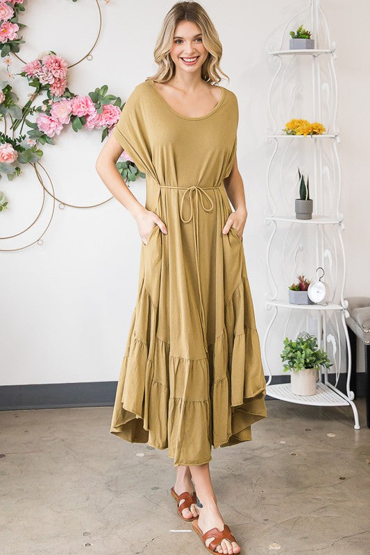 WASHED RUFFLE TIERED HEM SHORT SLEEVE MIDI DRESS