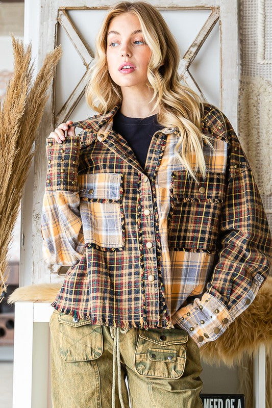 STUDDED DETAIL MULTI MIX PLAID SHIRT