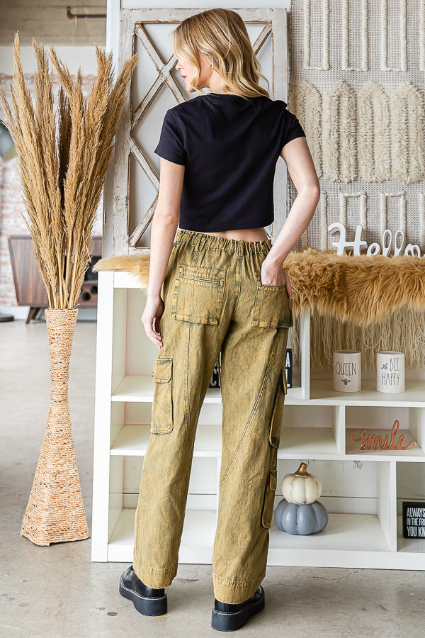 MINERAL WASHED DRAWSTRING WAIST CARGO PANTS