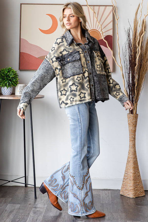 WASHED STAR PRINT CORDUROY MIX JACKET