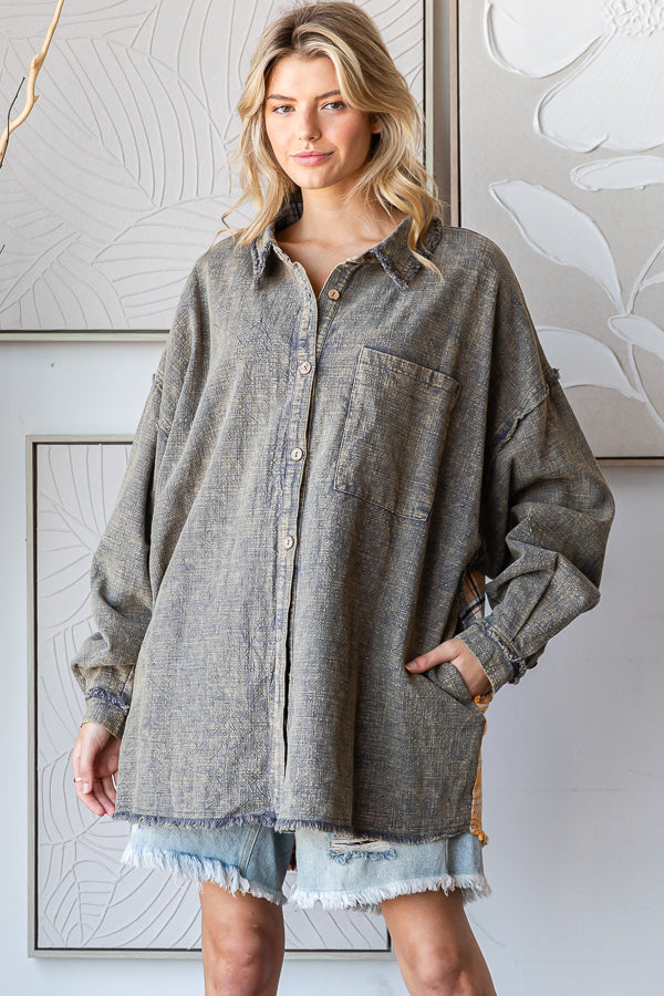 WASHED PLAID PACTHWORK BACK DETAIL SHIRT