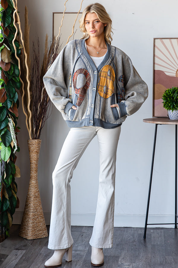 WASHED PACTHWORK BUTTON DOWN POCKETS CARDIGAN