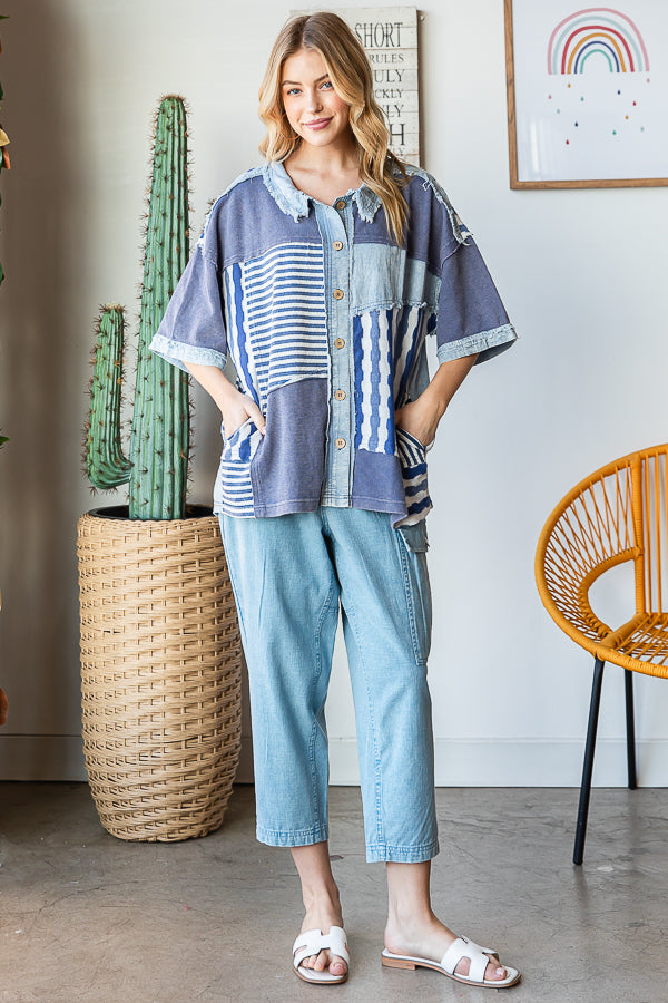 WASHED COLORBLOCK CONTRAST SHORT SLEEVE SHIRT