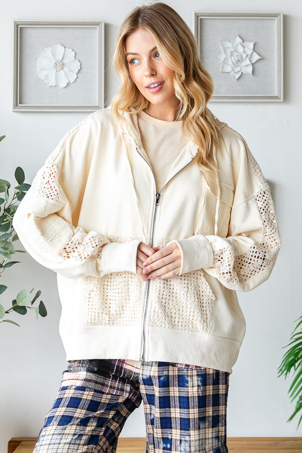 WASHED BACK TWIST DETAIL HOODED ZIP UP JACKET