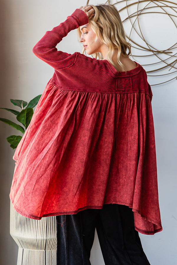 WASHED PLEATED DETAIL LONG SLEEVE FLARE TUNIC TOP