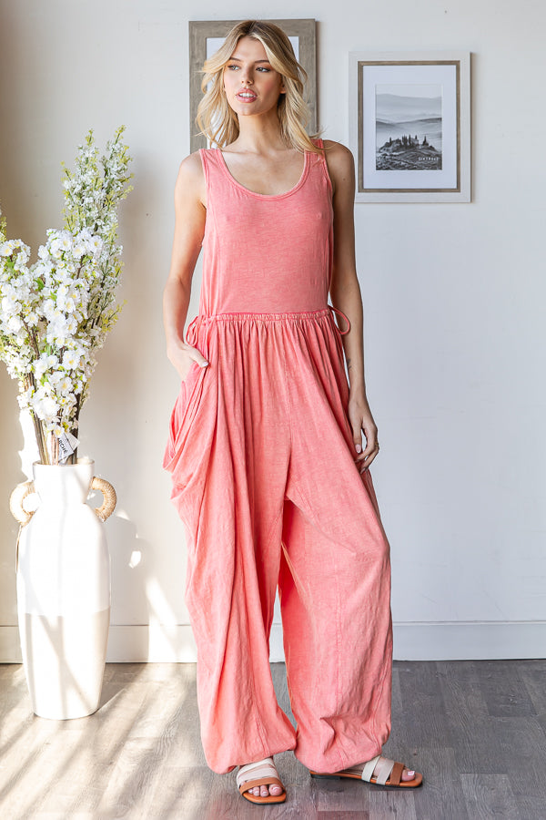 WASHED WIDE LEG DRAWSTRING DETAIL JUMPSUIT