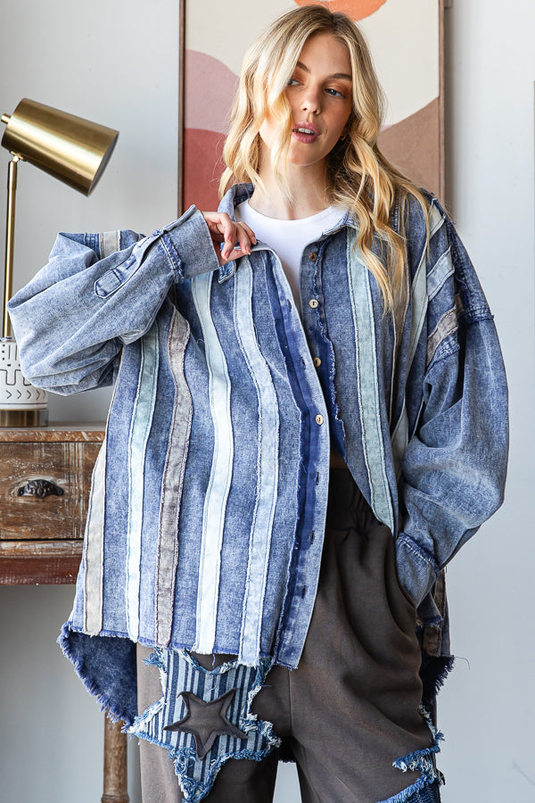 WASHED STRIPED PATCHWORK DENIM SHACKET