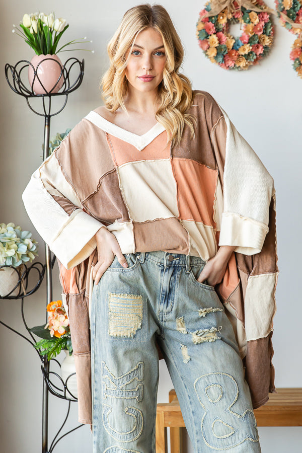 WASHED COLORBLOCK WIDE V NECK OVERSIZED TOP