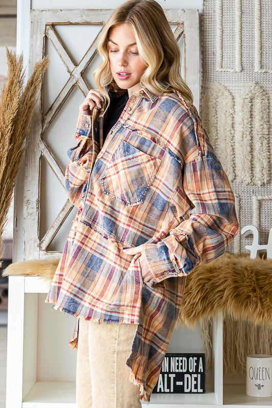 WASHED MULTI COLOR PLAID BUTTON FRONT SHIRT