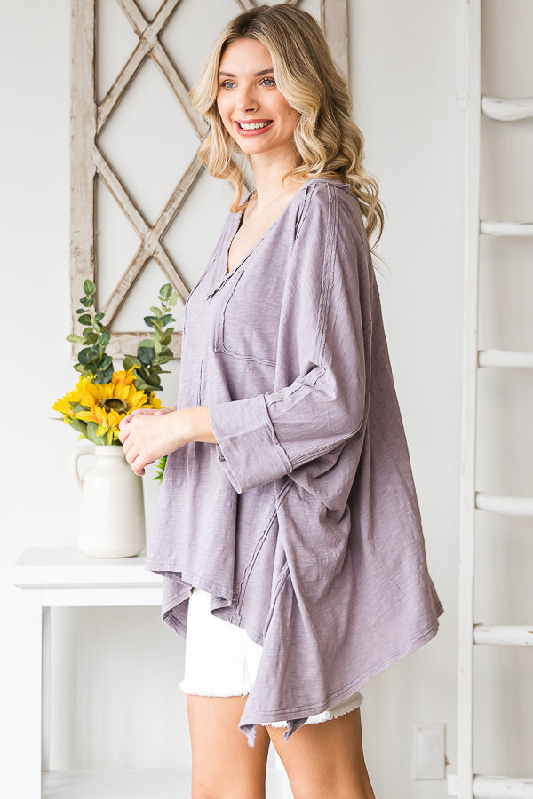 OVERSIZED V NECK SHARKBITE HEM SOFT KNIT TOP
