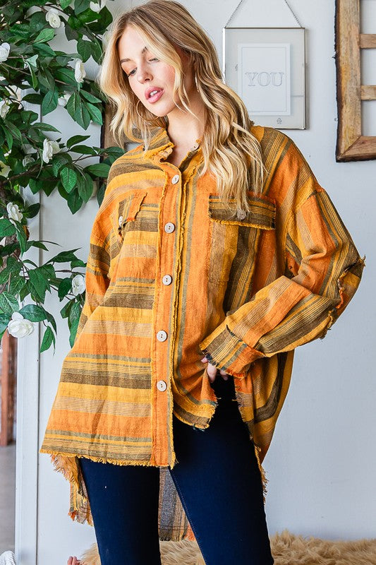 WASHED MIXED STRIPE FRAYED DETAIL SHIRT