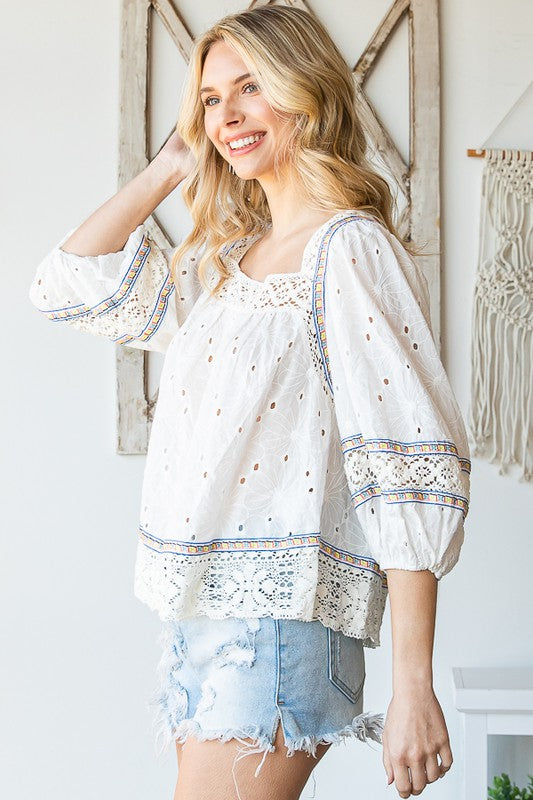 WASHED EYELET LACED BABYDOLL TOP