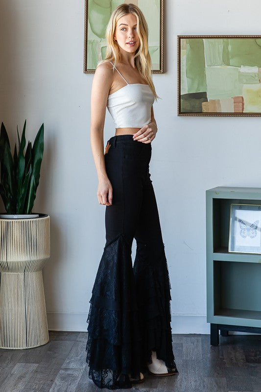 MULTI LAYER LACE FLARE HEM DENIM JEANS