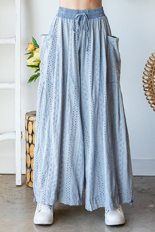 MINERAL WASHED WIDE LEG EYELE KNIT PANTS