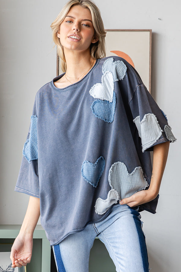 HEART PATCHWORK MINERAL WASHED SHORT SLEEVE TEE