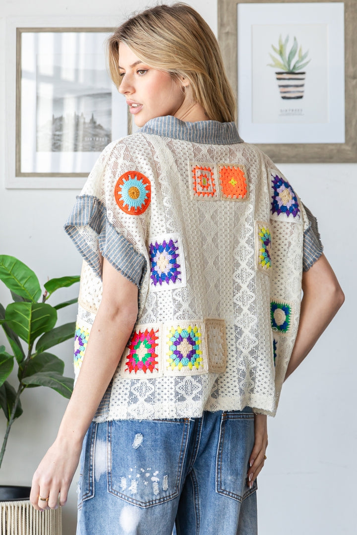 MIX MATCH CROCHET PATCHED LACE COLLAR TOP