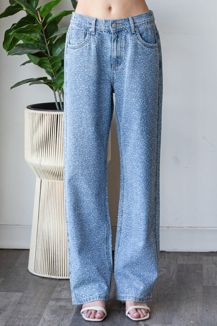 WASHED ALL OVER RHINESTONE EMBELLISHED DENIM JEANS