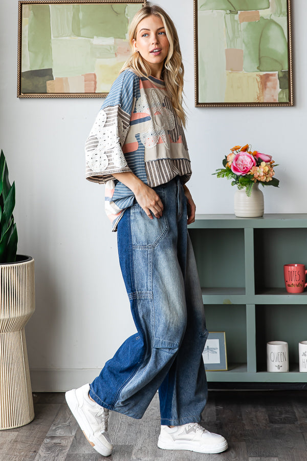 MINERAL WASHED COLORBLOCK CROPPED DENIM JEAN