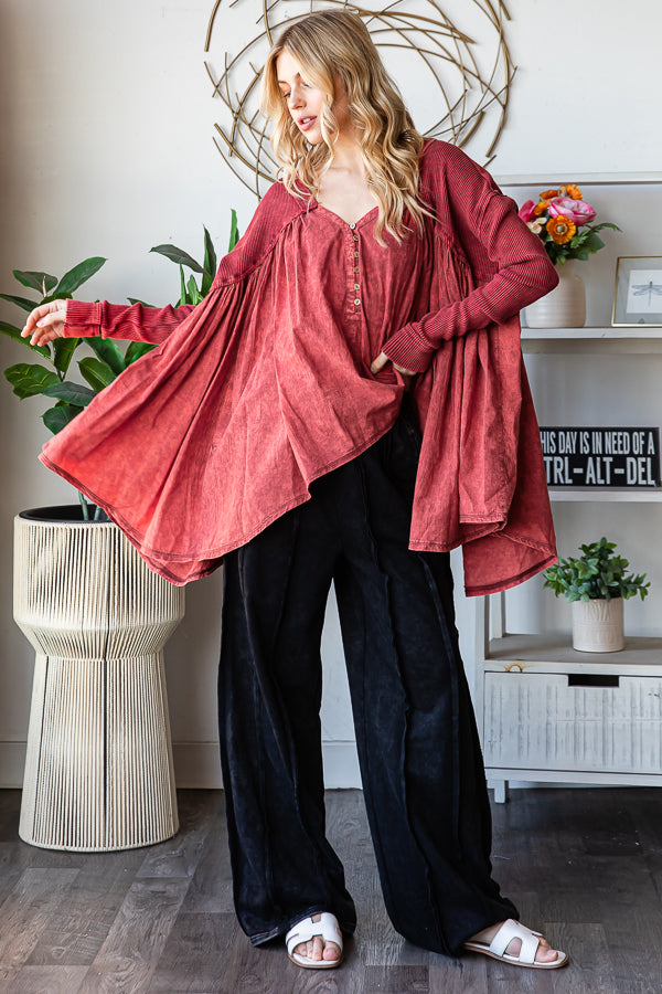 WASHED PLEATED DETAIL LONG SLEEVE FLARE TUNIC TOP