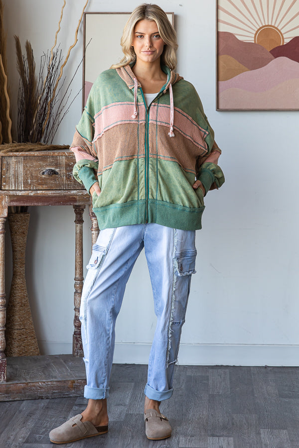 WASHED COLORBLOCK HOODED SOFT THERMAL JACKET