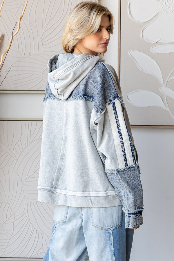 WASHED MIXED DENIM HOODED PULLOVER TOP