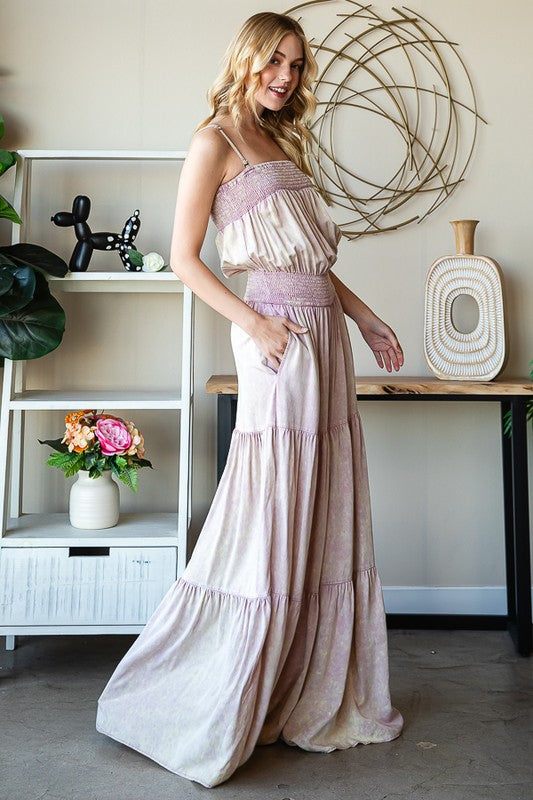 WASHED TIERED SMOCKED WAIST WIDE LEG JUMPSUIT