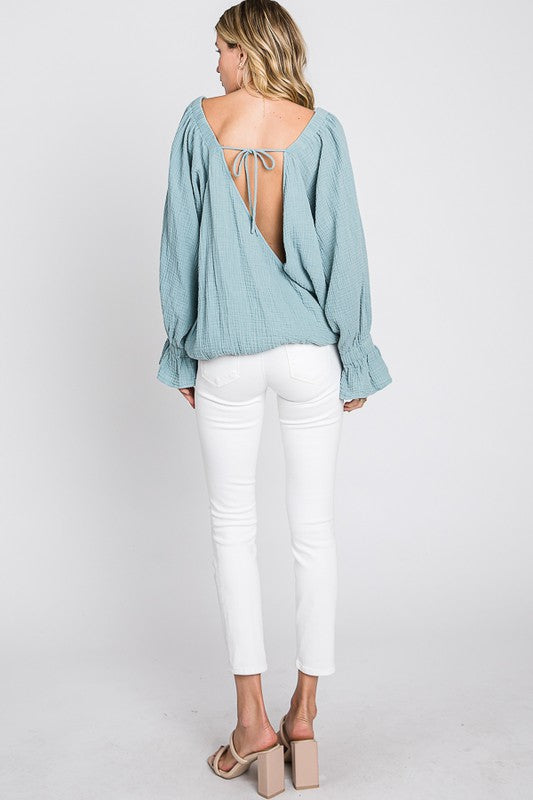 WASHED FLARE CUFFS OPEN BACK DETAIL GAUZE BLOUSE