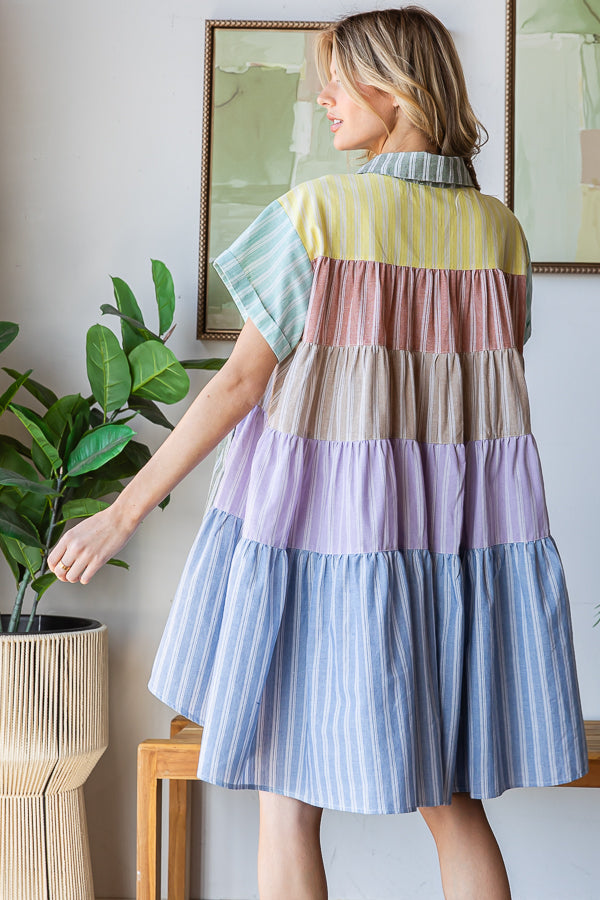 COLORBLOCK STRIPED COLLAR FLARE HEM SHIRT DRESS