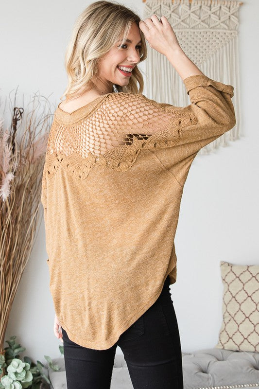 CROCHET BACK DETAIL KNIT V NECK TOP