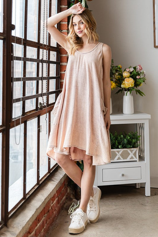 MINERAL WASHED SIDE POCKET FLARE HEM TANK DRESS