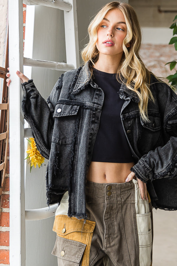 MINERAL WASHED DISTRESSED DENIM JACKET