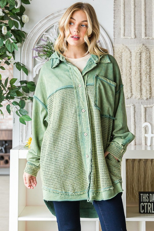 WASHED MIX MEDIA BUTTON DOWN HOODED SHACKET