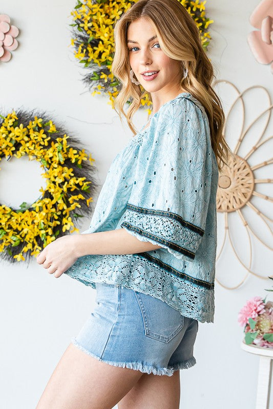 WASHED EYELET LACED BABYDOLL TOP