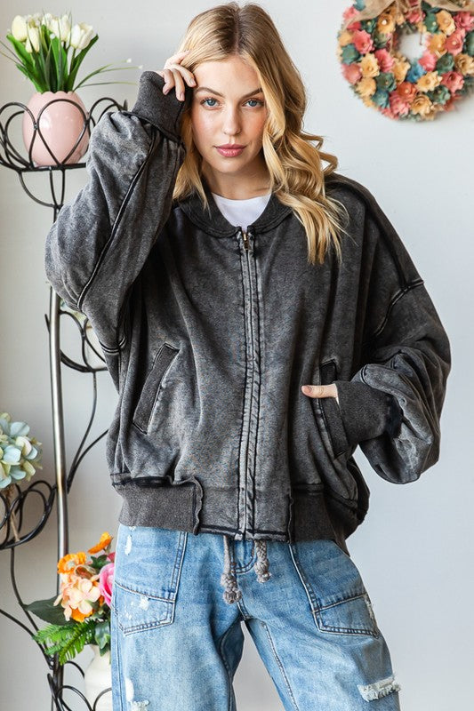 MINERAL WASHED ZIPPER FRONT BOMBER JACKET
