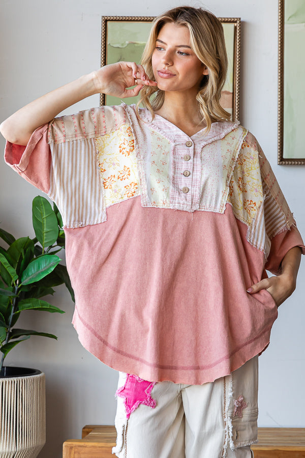 WASHED PRINTED HALF PLACKET HENLEY NECK SHIRT