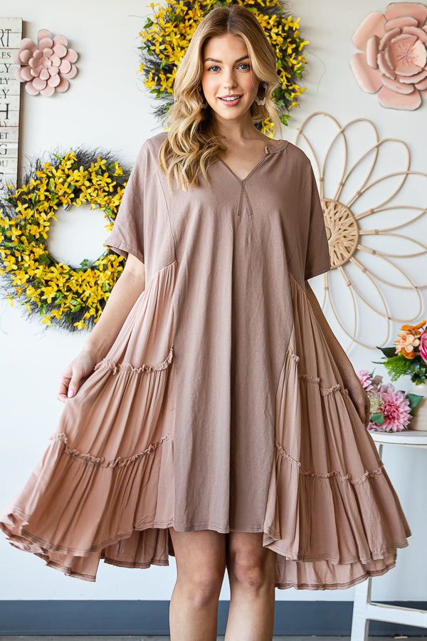 WASHED MIX MEDIA V NECK TIERED HEM FLARE DRESS
