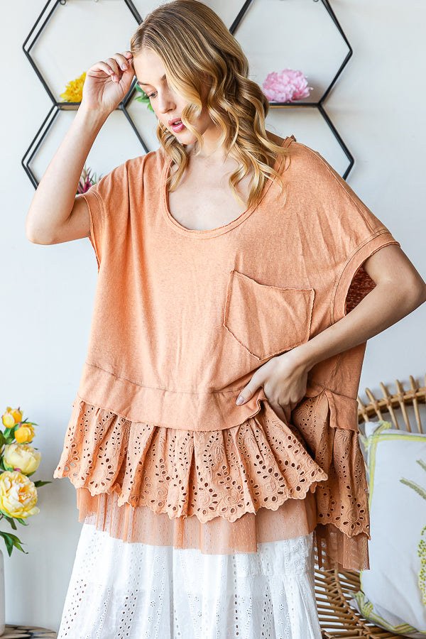 WASHED LAYERED RUFFLE EYELET LACE HEM PEPLUM TOP