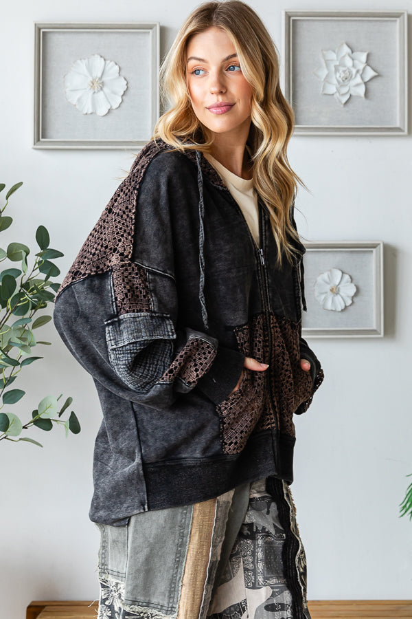 WASHED BACK TWIST DETAIL HOODED ZIP UP JACKET