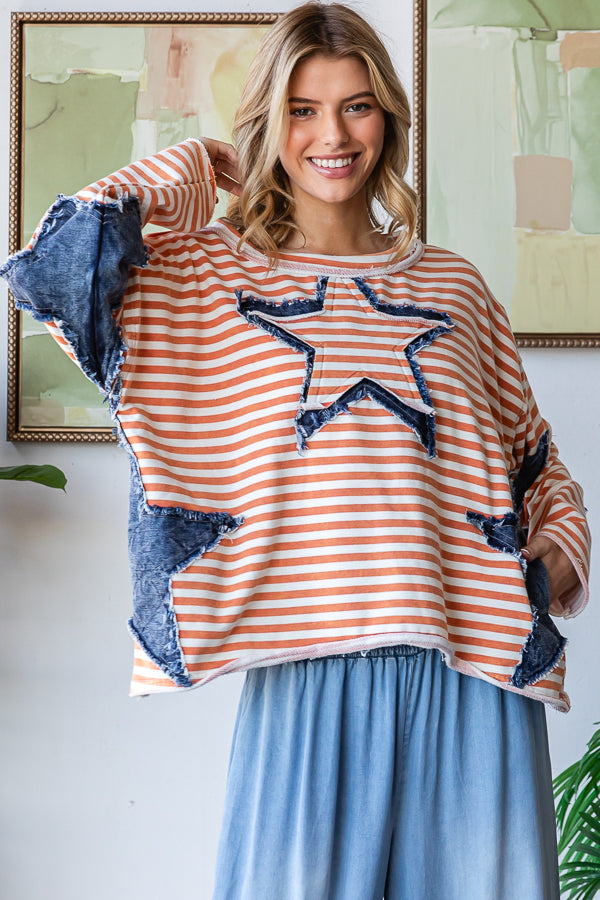 STAR PATCHWORK STRIPED DROP SHOULDER TOP