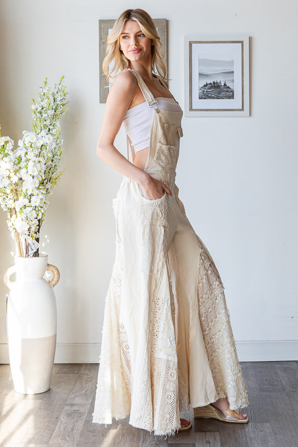 MULTI LACE PATCHWORK WIDE LEG OVERALLS