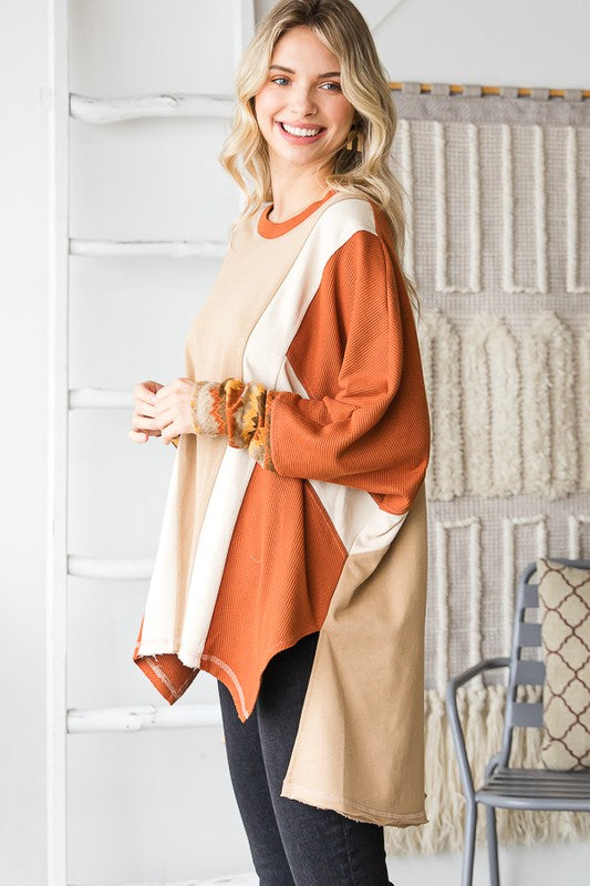 WASHED COLORBLOCK HILOW HEM PULLOVER TOP