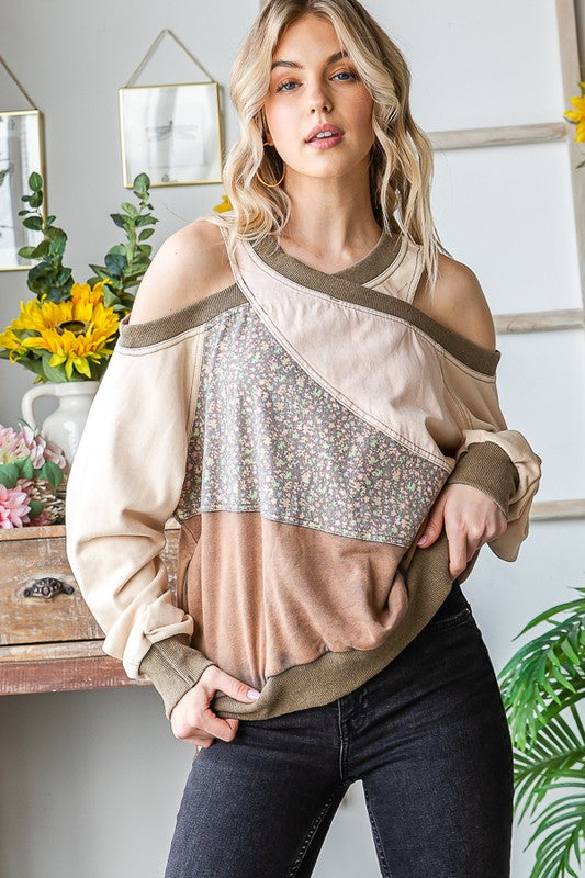 WASHED MIX MEDIA CUTOUT SHOULDER PULLOVER TOP