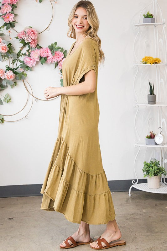 WASHED RUFFLE TIERED HEM SHORT SLEEVE MIDI DRESS